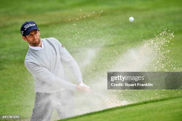 Gregory Bourdy of France plays from a bunker during day three of Nordea Masters at Barseback Golf & Country Club on June 3, 2017 in Barsebackshamn,...