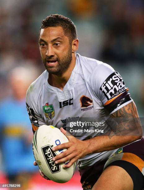 Benji Marshall of the Broncos runs with the ball during the round 13 NRL match between the Sydney Roosters and the Brisbane Broncos at Allianz...