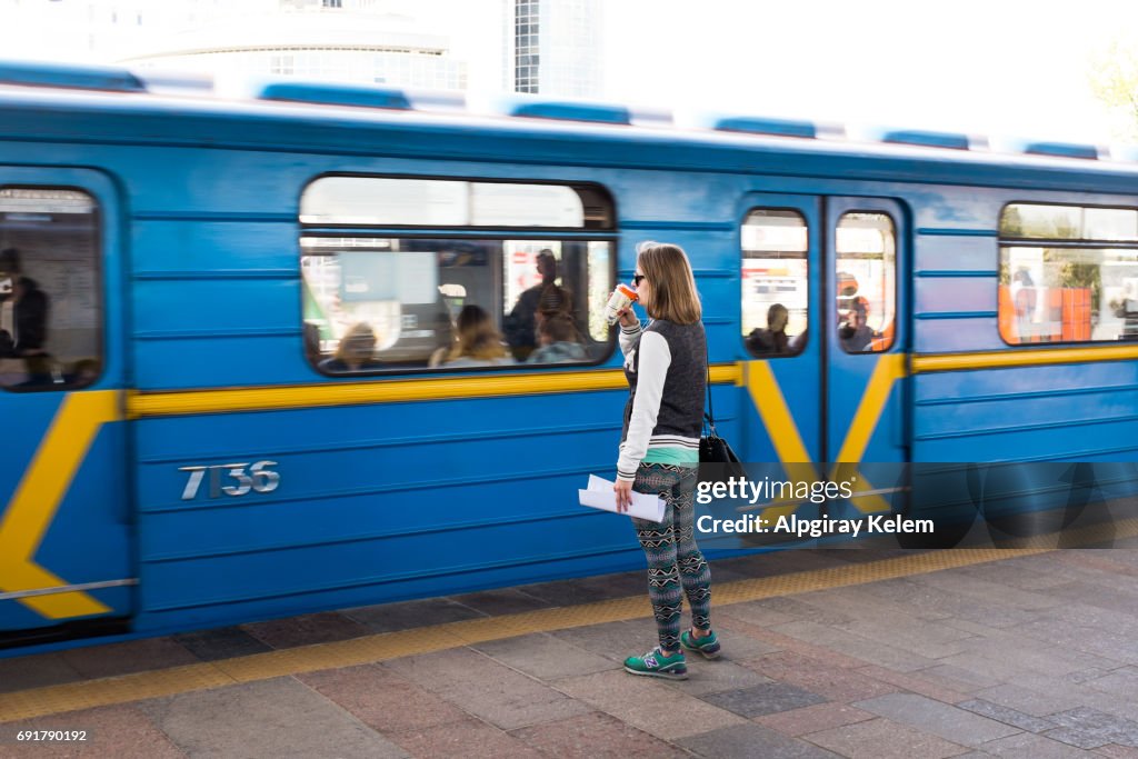 Passenger waiting to train in Kiev Underground Station, Ukraine