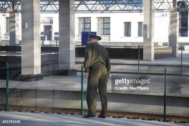 Military official is seen after departure of the train to the Polish border on 1 June, 2017. As the city is situated next to the Polish border it has...