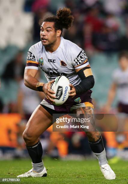 Adam Blair of the Broncos runs with the ball during the round 13 NRL match between the Sydney Roosters and the Brisbane Broncos at Allianz Stadium on...