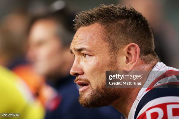 Jared Waerea-Hargreaves of the Roosters looks on from the bench during the round 13 NRL match between the Sydney Roosters and the Brisbane Broncos at...