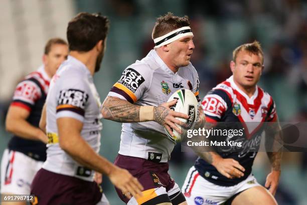 Josh McGuire of the Broncos runs at the defence during the round 13 NRL match between the Sydney Roosters and the Brisbane Broncos at Allianz Stadium...