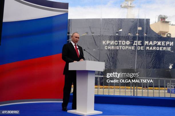 Russian President Vladimir Putin speaks during the naming ceremony of the new Russian "Christophe de Margerie" Arctic LNG tanker, on the side of the...