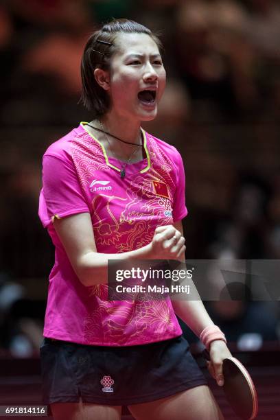 Ning Ding of China celebrates during Women's Singles semi-finals at Table Tennis World Championship at Messe Duesseldorf on June 3, 2017 in...