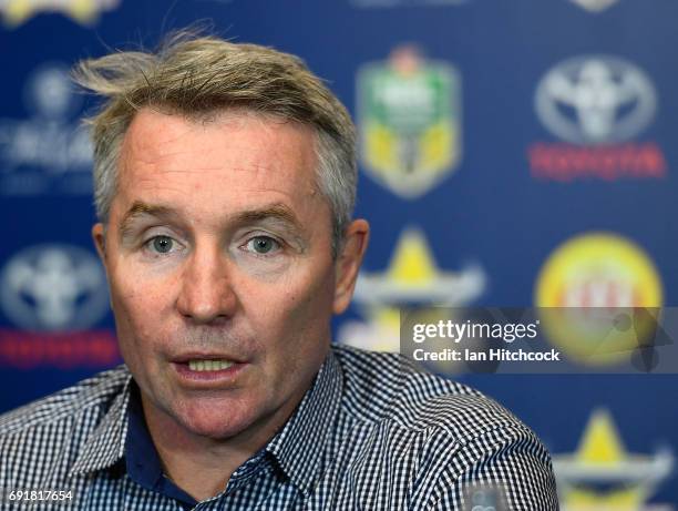 Cowboys coach Paul Green speaks at the post match media conference at the end of the round 13 NRL match between the North Queensland Cowboys and the...
