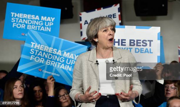 Britain's Prime Minister Theresa May speaks at an election campaign event during a visit to West Yorkshire at Thornhill Cricket and Bowling Club on...