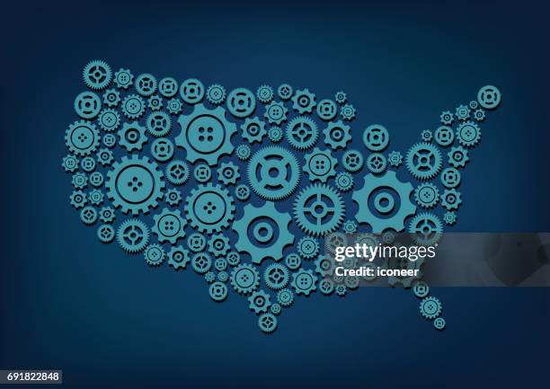 usa blue gears map on dark background - dim sim stock illustrations