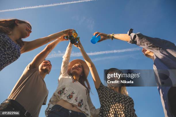 vue faible angle d’amis grillage boissons contre le ciel bleu - blue sky friends photos et images de collection