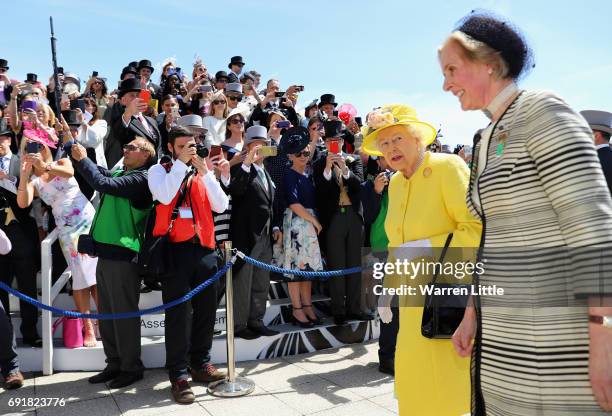 Britain's Queen Elizabeth II arrives ahead of the Investec Derby Festival 2017 at Epsom Downs Racecourse on June 3, 2017 in Epsom, England.