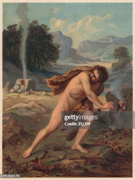cain kills his brother abel (genesis 4), published in 1886 - altar stock illustrations