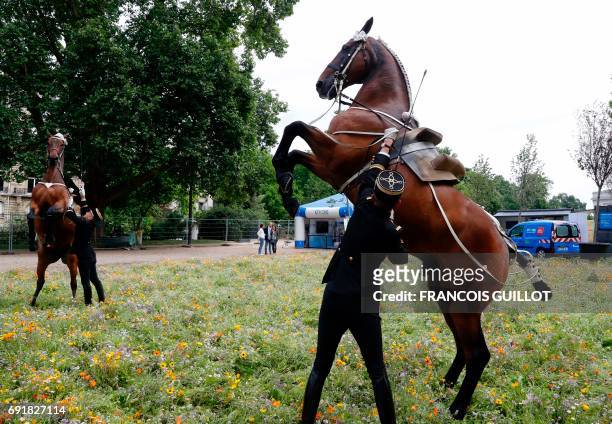 Cavaliers du Cadre noir de Saumur control horses at the "BiodiversiTerre" garden, near to the Arc de Triomphe, on June 3, 2017 in Paris. A farm and...