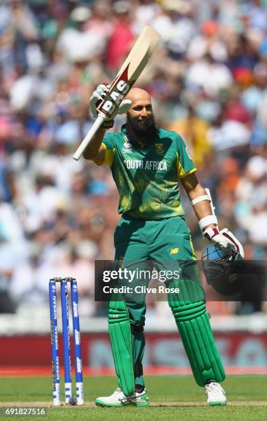 Hashim Amla of South Africa celebrates his century during the ICC Champions trophy cricket match between Sri Lanka and South Africa at The Oval in...