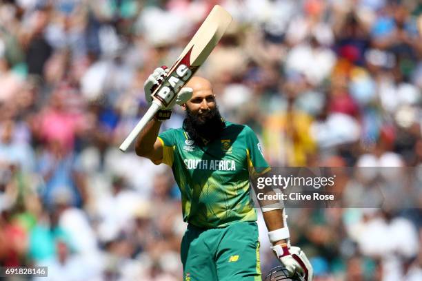 Hashim Amla of South Africa celebrates his century during the ICC Champions trophy cricket match between Sri Lanka and South Africa at The Oval in...