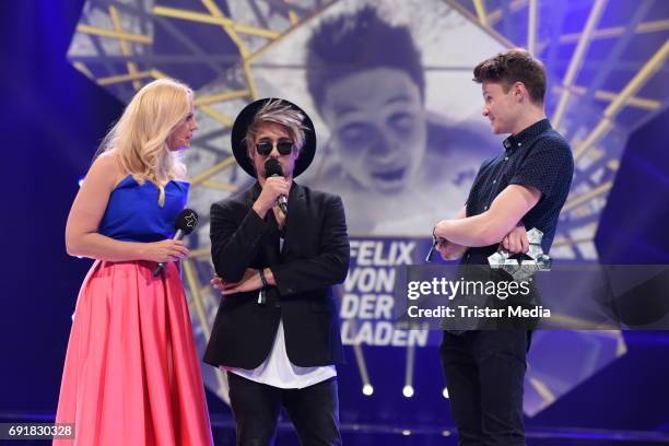 Barbara Schoeneberger, Julien Bam and Dner during the Deutscher Webvideopreis 2017 at ISS Dome on June 1, 2017 in Duesseldorf, Germany.