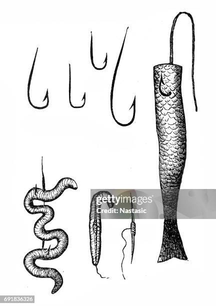 fishing hooks with baits - fishing hook worm stock illustrations