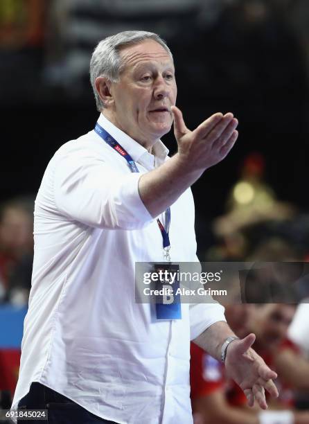 Head coach Zvonimir Serdarusic of Paris reacts during the VELUX EHF FINAL4 Semi Final between Telekom Veszprem and Paris Saint-Germain Handball at...