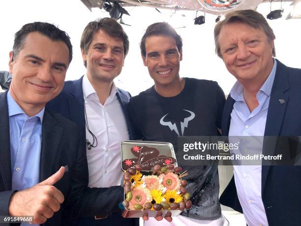 Sports Journalist Laurent Luyat, Tennis player Arnaud Boetsch, Tennis player Rafael Nadal and journalist Lionel Chamoulaud attend Rafael Nadal...