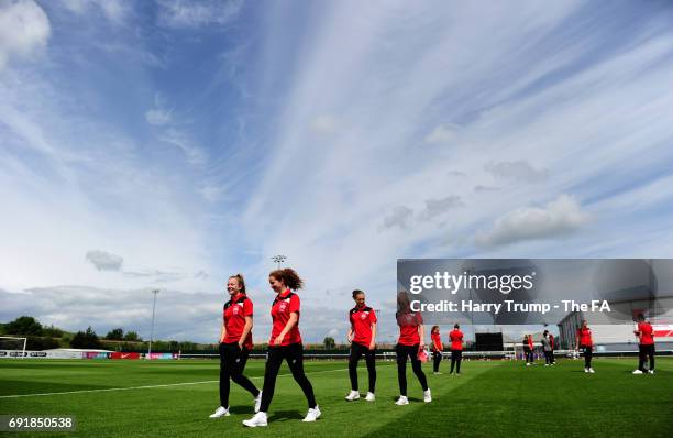 Members of the Bristol City Women's side wonder the pitch during the WSL 1 match between Bristol City Women and Arsenal Ladies at the Stoke Gifford...