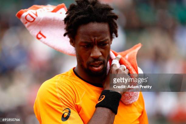 Gael Monfils of France looks on during the mens singles third round match against Richard Gasquet of France on day seven of the 2017 French Open at...