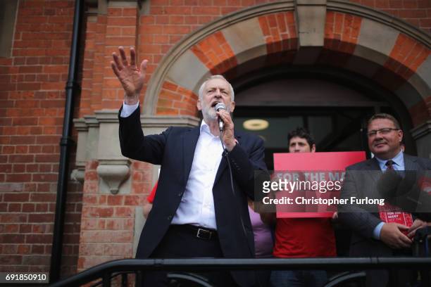 Labour leader Jeremy Corbyn addresses a rally of supporters at Hucknall Market Place as he visits the East Midlands during the final weekend of the...