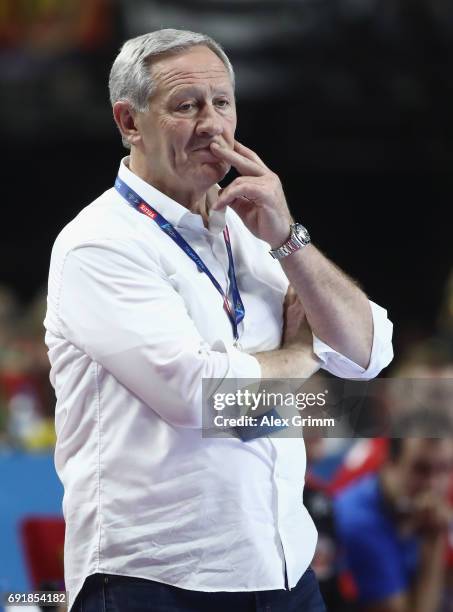 Head coach Zvonimir Serdarusic of Paris reacts during the VELUX EHF FINAL4 Semi Final between Telekom Veszprem and Paris Saint-Germain Handball at...