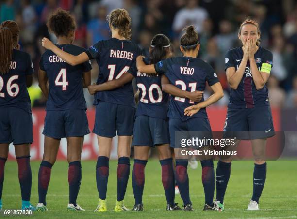 Sabrina Delannoy of Paris Saint Germain can't watch as she turns her back on the penalty shoot out during the UEFA Women's Champions League Final...