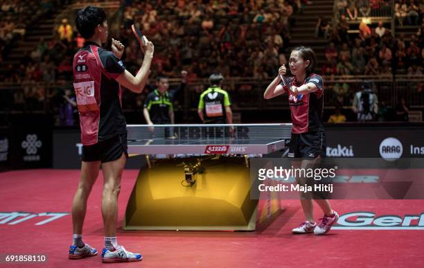 Maharu Yoshimura of Japan and Kasumi Ishikawa celebrate after winning Mixed Doubles Finals at Table Tennis World Championship at Messe Duesseldorf on...