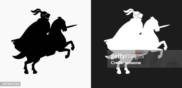jousting knight icon on black and white vector backgrounds - jousting stock illustrations
