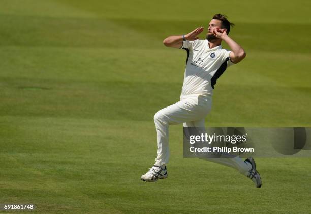 James Franklin of Middlesex bowls during day two of the Specsavers County Championship Division One cricket match between Middlesex and Somerset at...