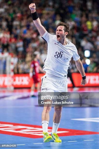 Uwe Gensheimer of Paris celebrates the win after the VELUX EHF FINAL4 Semi Final match between Telekom Veszprem and Paris Saint-Germain Handball at...