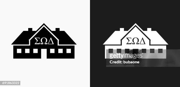 frat house icon on black and white vector backgrounds - sorority stock illustrations