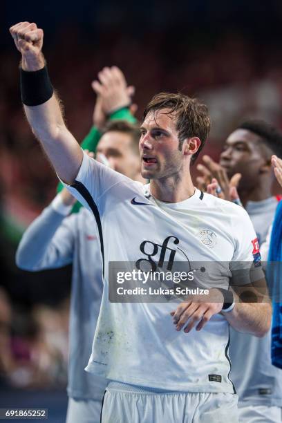 Uwe Gensheimer of Paris celebrates after win the VELUX EHF FINAL4 Semi Final match between Telekom Veszprem and Paris Saint-Germain Handball at...