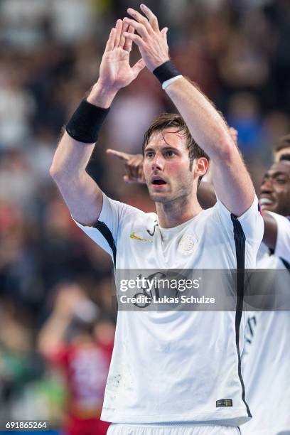 Uwe Gensheimer of Paris celebrates after win the VELUX EHF FINAL4 Semi Final match between Telekom Veszprem and Paris Saint-Germain Handball at...