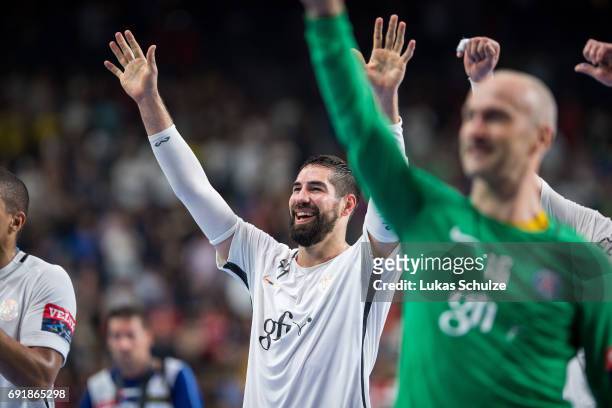Nikola Karabatic of Paris celebrates after win the VELUX EHF FINAL4 Semi Final match between Telekom Veszprem and Paris Saint-Germain Handball at...
