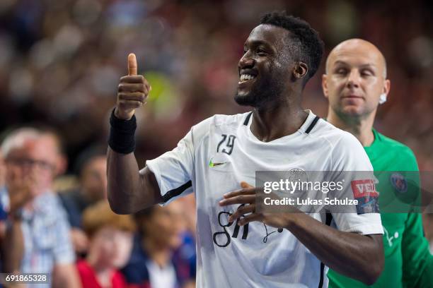 Luc Abalo of Paris shows his thumb after win the VELUX EHF FINAL4 Semi Final match between Telekom Veszprem and Paris Saint-Germain Handball at...