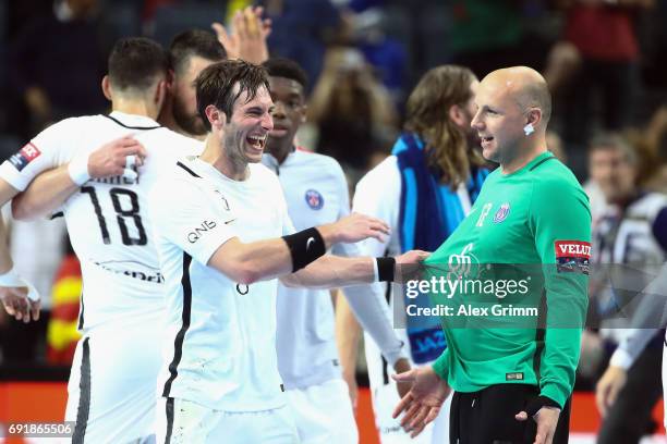 Uwe Gensheimer of Paris celebrates with team mates after the VELUX EHF FINAL4 Semi Final between Telekom Veszprem and Paris Saint-Germain Handball at...