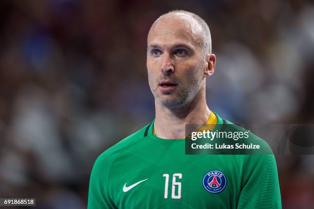 Goalkeeper Thierry Omeyer reacts during the VELUX EHF FINAL4 Semi Final match between Telekom Veszprem and Paris Saint-Germain Handball at Lanxess...