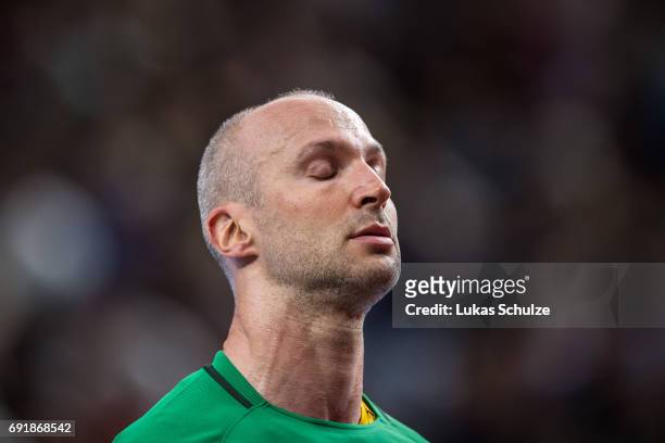 Goalkeeper Thierry Omeyer reacts during the VELUX EHF FINAL4 Semi Final match between Telekom Veszprem and Paris Saint-Germain Handball at Lanxess...