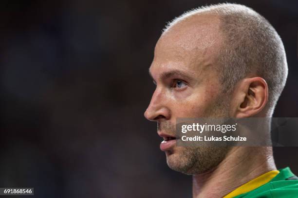 Goalkeeper Thierry Omeyer reacts during the VELUX EHF FINAL4 Semi Final match between Telekom Veszprem and Paris Saint-Germain Handball at Lanxess...