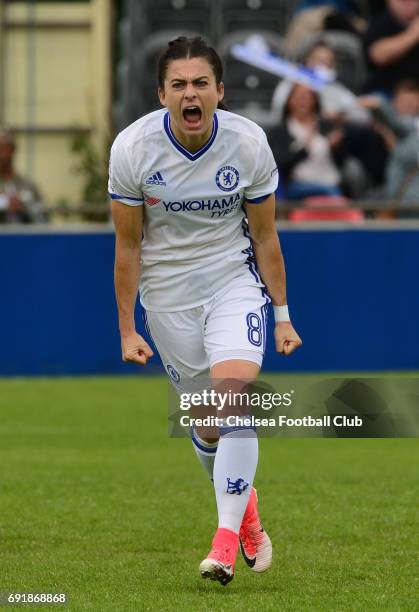 Karen Carney of Chelsea celebrates after she scores from the penalty spot to make it 1-0 during the WS1 match between Birmingham City Ladies and...