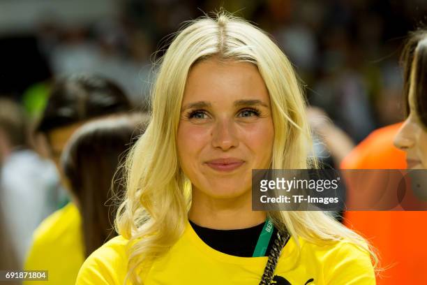 Scarlett Gartmann laughs during the DFB Cup final match between Eintracht Frankfurt and Borussia Dortmund at Olympiastadion on May 27, 2017 in...