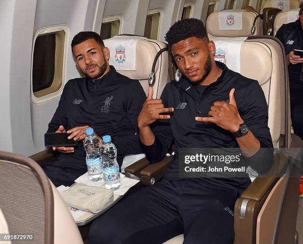 Kevin Stewart and Joe Gomez of Liverpool on the plane to Australia at Melwood Training Ground on May 22, 2017 in Liverpool, England.