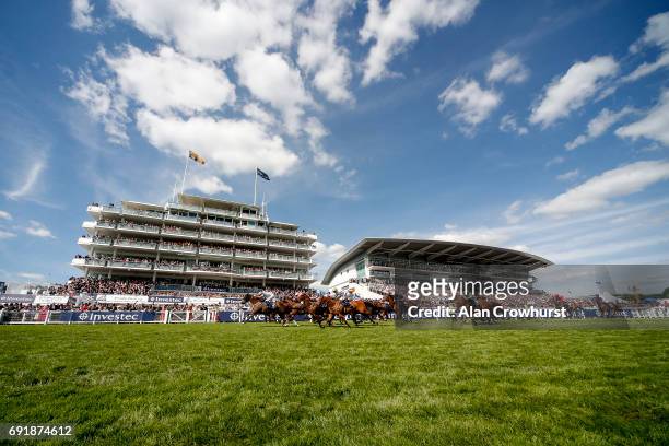 Tom Eaves riding Caspian Prince win The Investec Corporate Banking âDashâ Handicap Stakes on Investec Derby Day at Epsom Racecourse on June 3, 2017...