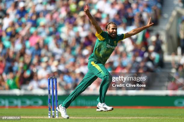 Imran Tahir of South Africa celebrates the wicket of Upul Tharanga of Sri Lanka during the ICC Champions trophy cricket match between Sri Lanka and...