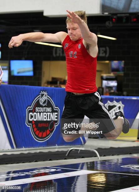 Mason Shaw performs the Long Jump during the NHL Combine at HarborCenter on June 3, 2017 in Buffalo, New York.