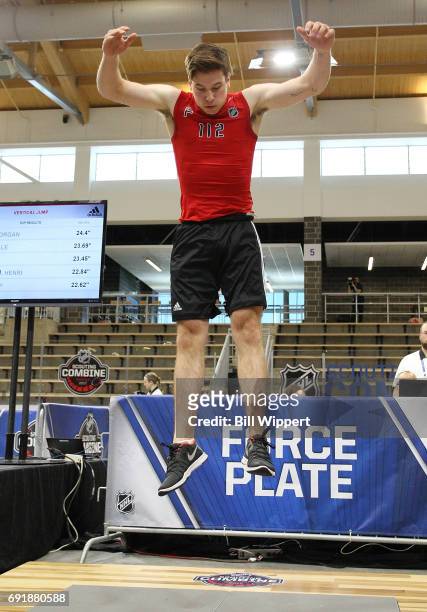 Nolan Patrick jumps for the Force Plate test during the NHL Combine at HarborCenter on June 3, 2017 in Buffalo, New York.