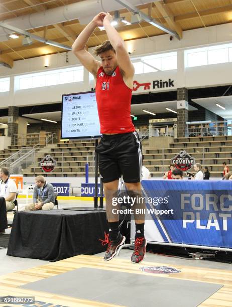 Joel Teasdale jumps for the Force Plate test during the NHL Combine at HarborCenter on June 3, 2017 in Buffalo, New York.
