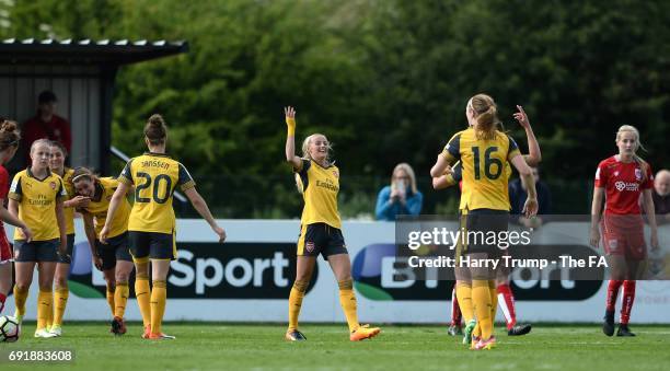 Chloe Kelly of Arsenal Ladies celebrates his sides third goal during the WSL 1 match between Bristol City Women and Arsenal Ladies at the Stoke...