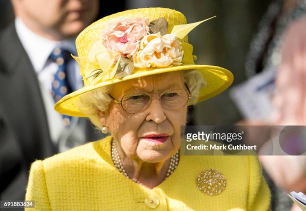 Queen Elizabeth II attends Derby day at Epsom Derby festival at Epsom Downs on June 3, 2017 in Epsom, England.